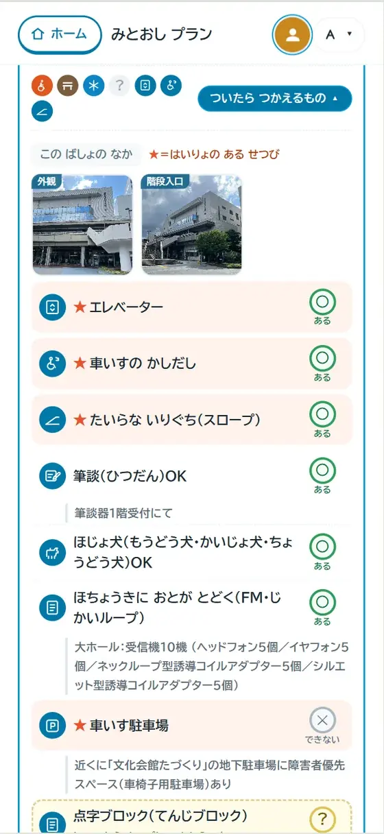 同じ避難所の「この ばしょの なか」。エレベーター・車いすの貸出・たいらな入口に★が付き、筆談OK・ほじょ犬OK・ほちょうきに音がとどく なども ○×で並んでいる。