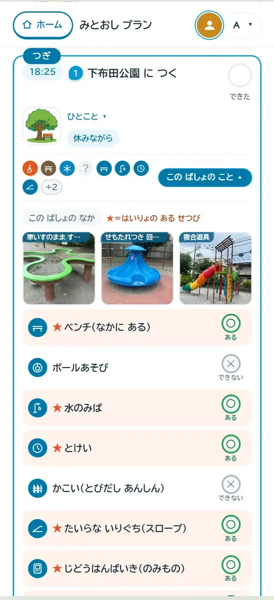 コマを開いたところ。下布田公園の写真3枚と、ベンチ・水のみば・とけい・たいらな入口などに★が付いた設備の一覧。