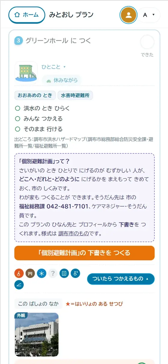 避難所のコマ。「おおあめのとき／水害時避難所」のしるしと、洪水のときひらく・みんなつかえる・そのまま行ける の3行、その下に出どころと個別避難計画の案内。